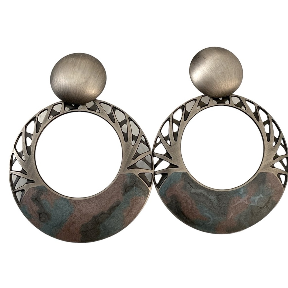 Edgar Berebi Vintage Silver Plated Blue Gray Pink Enamel Dangle Earrings